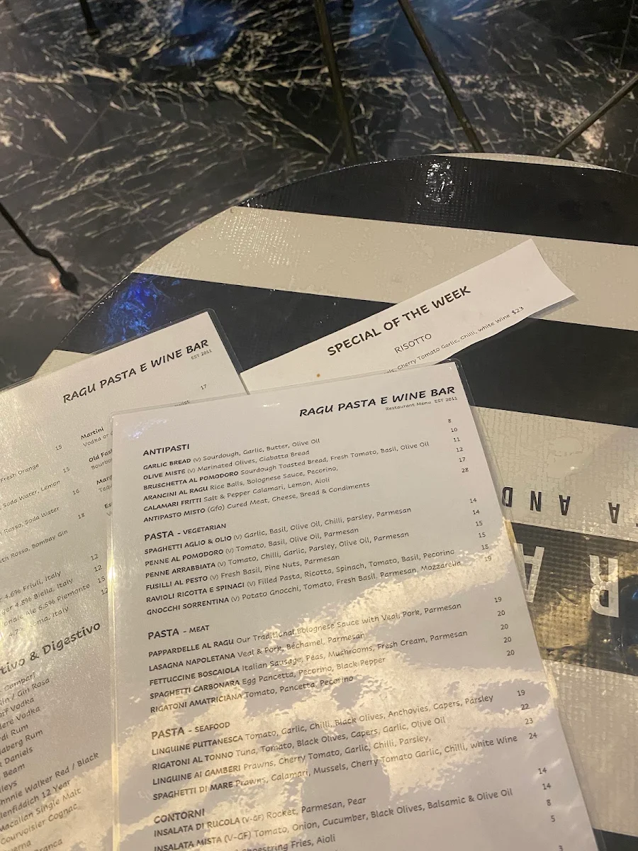 Menu, Ragu Pasta & Wine Bar