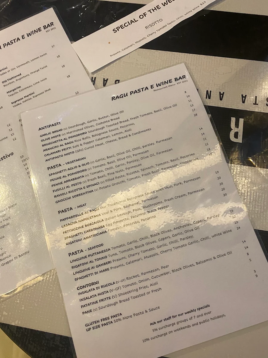 Menu, Ragu Pasta & Wine Bar