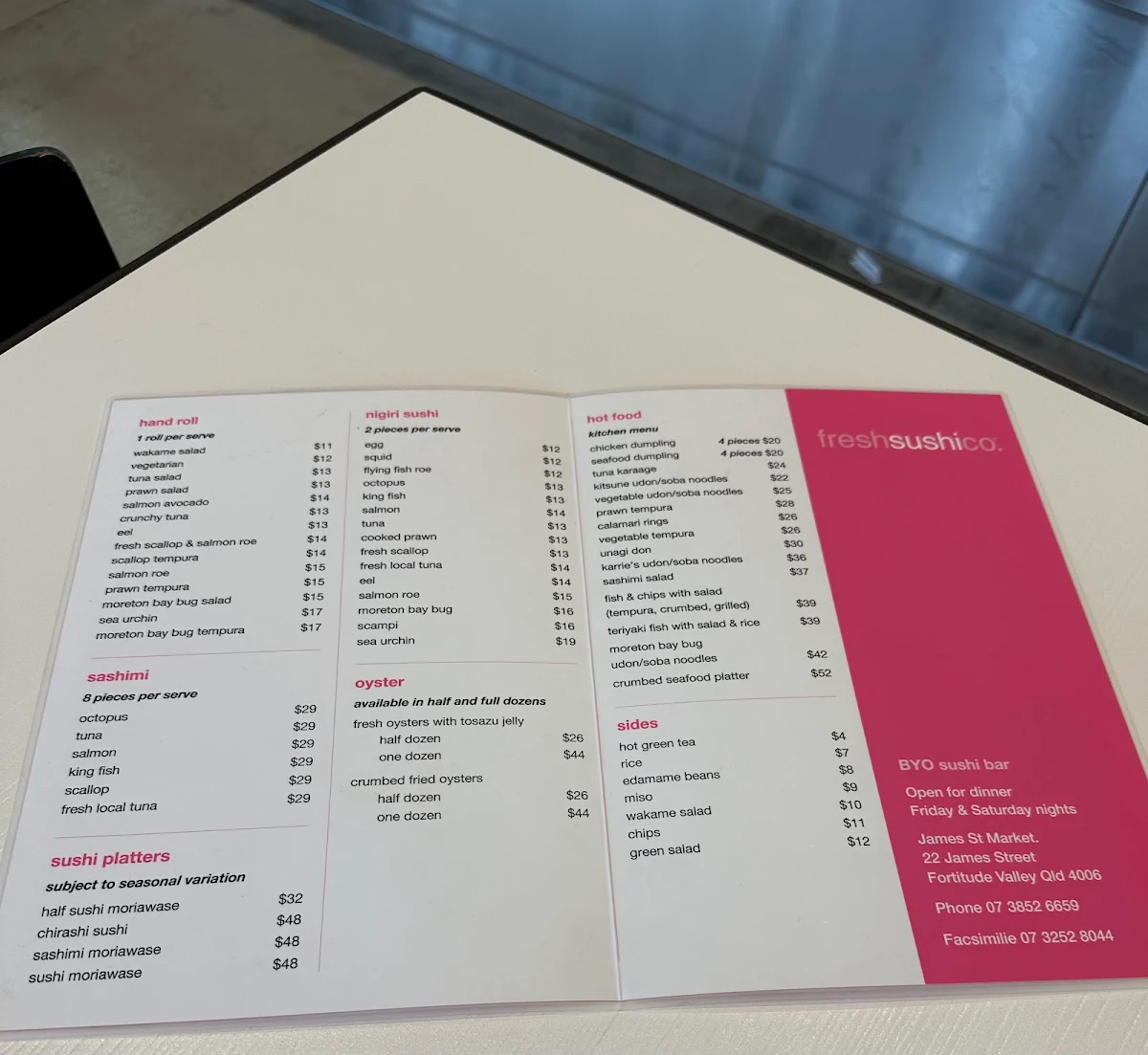 Menu, Fresh Fish Co.