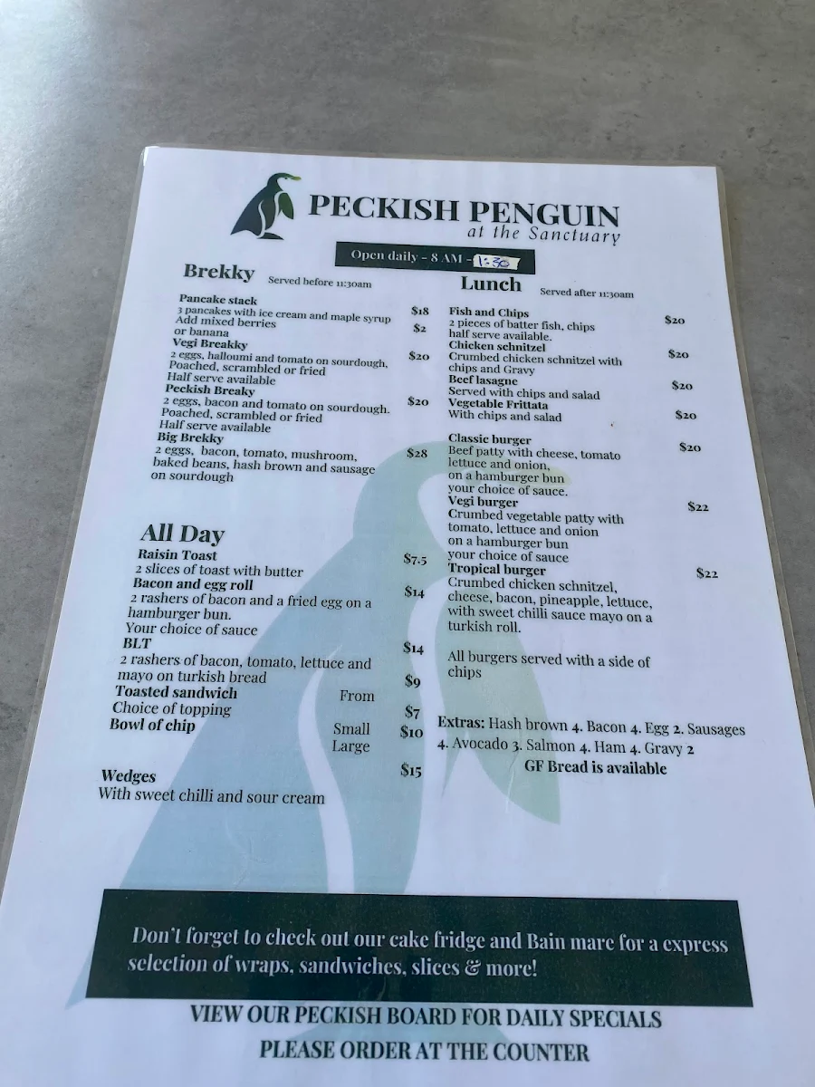 Menu, Peckish Penguin Cafe