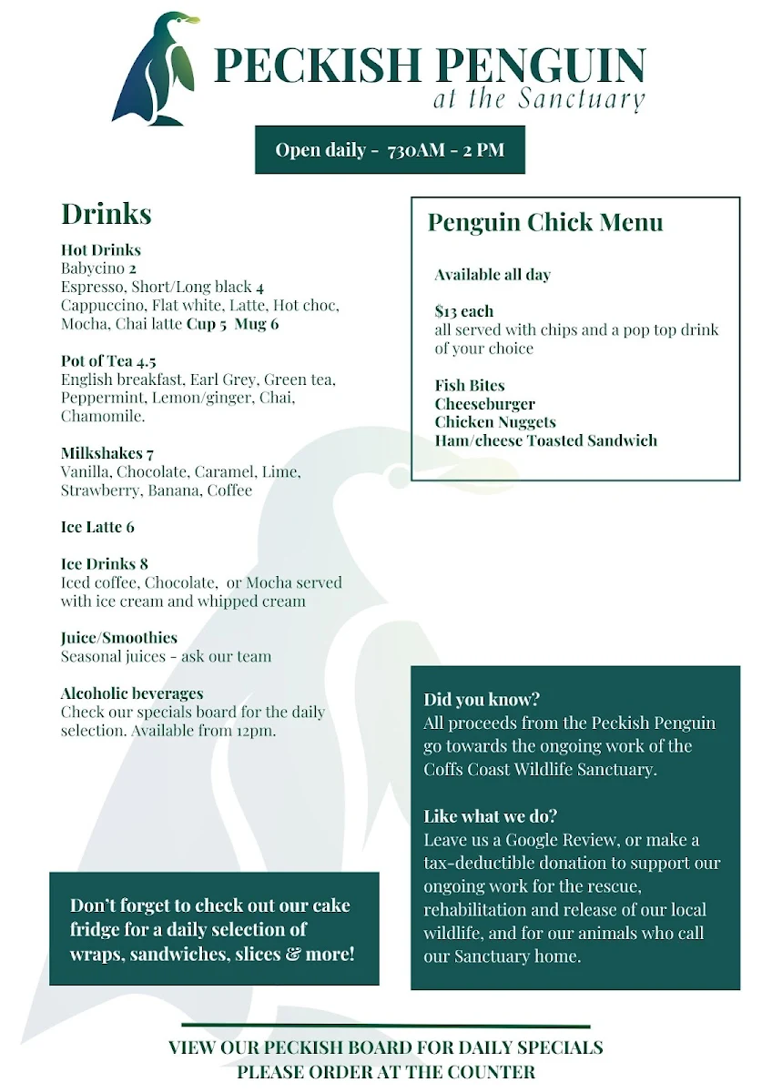 Menu, Peckish Penguin Cafe