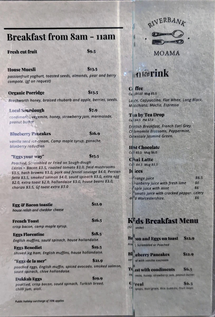 Menu, Riverbank Moama