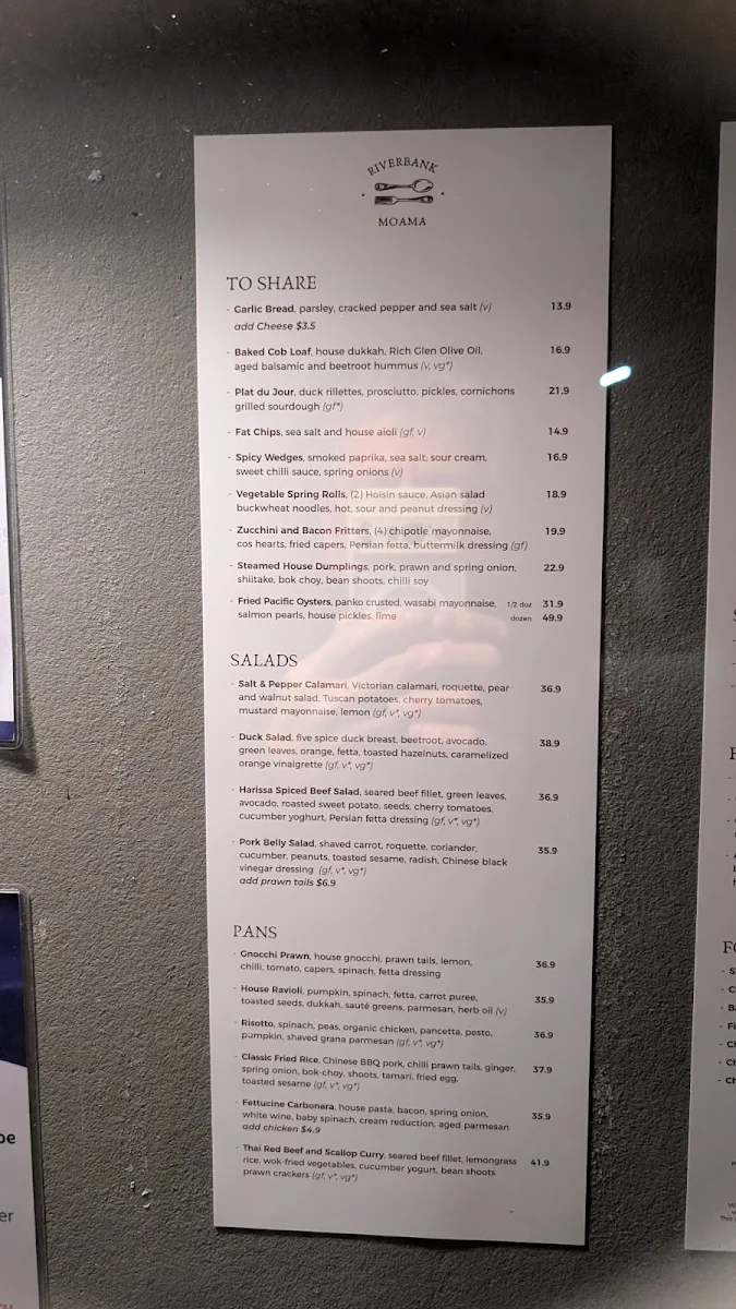 Menu, Riverbank Moama