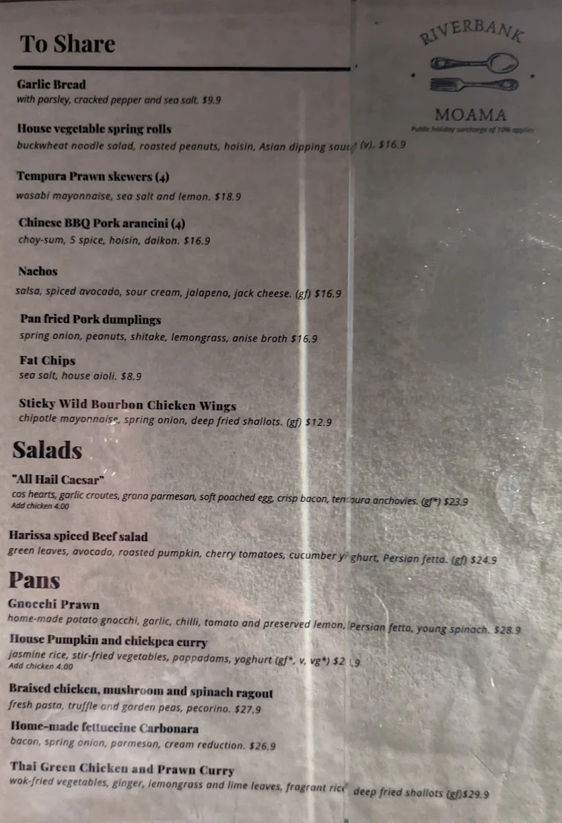 Menu, Riverbank Moama