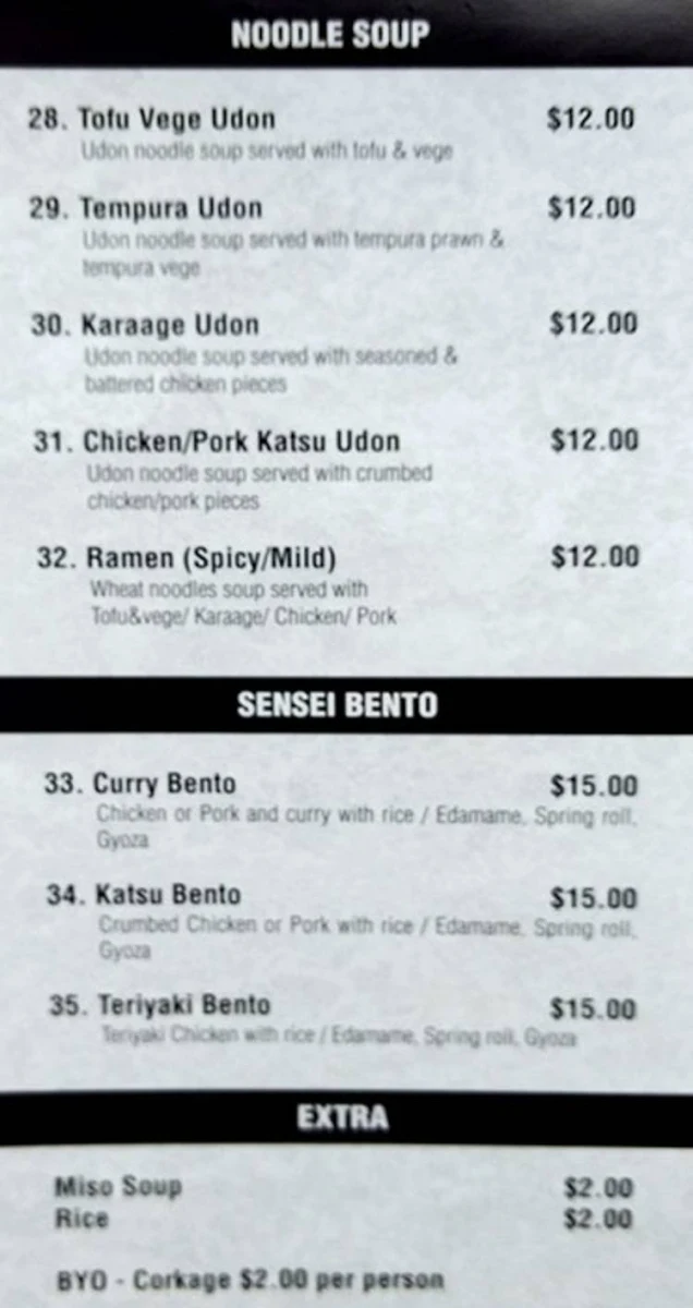 Menu, Sushi Sensei