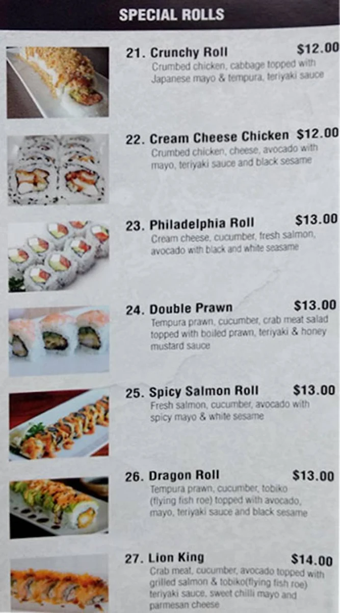 Menu, Sushi Sensei