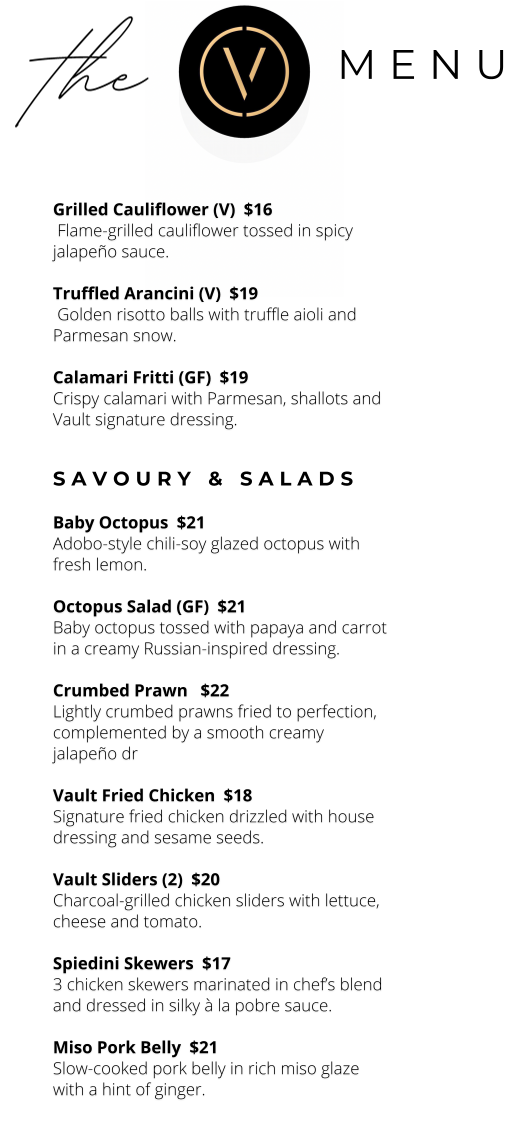 Menu, The Vault Bar & Tapas