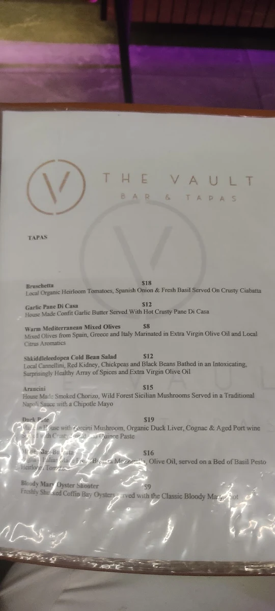 Menu, The Vault Bar & Tapas
