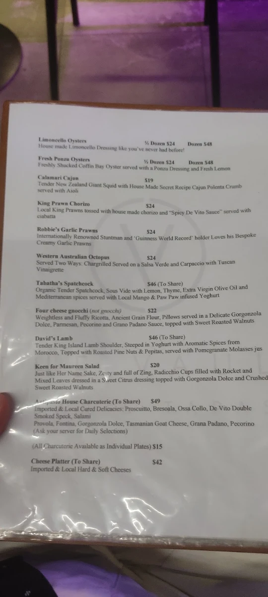 Menu, The Vault Bar & Tapas