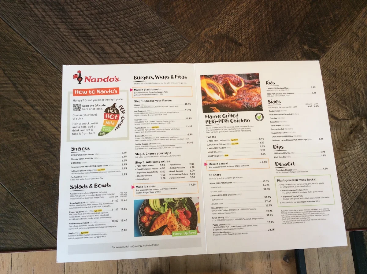 Menu, Nando's Lysterfield