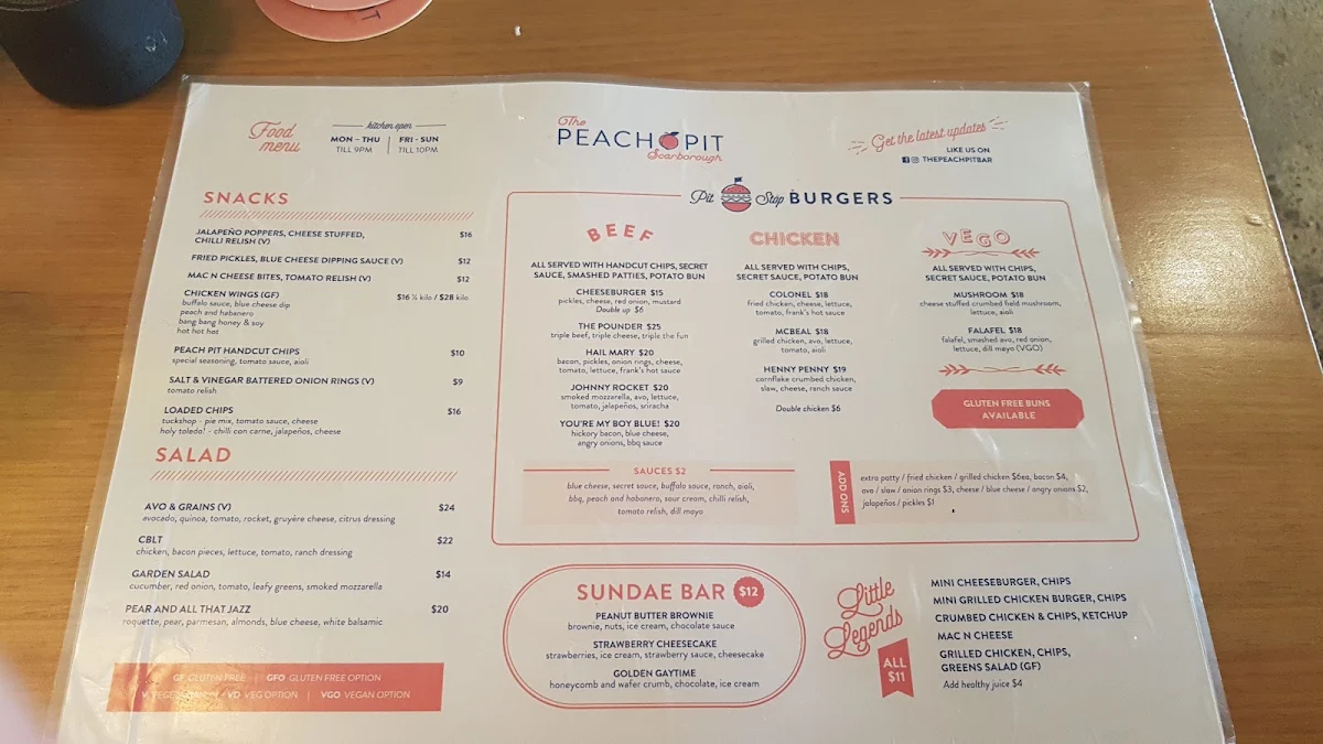 Menu, The Peach Pit