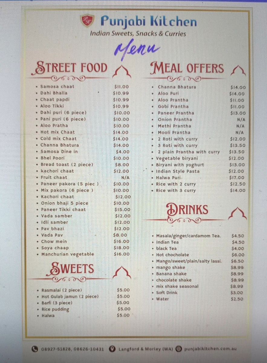 Menu, Punjabi Kitchen