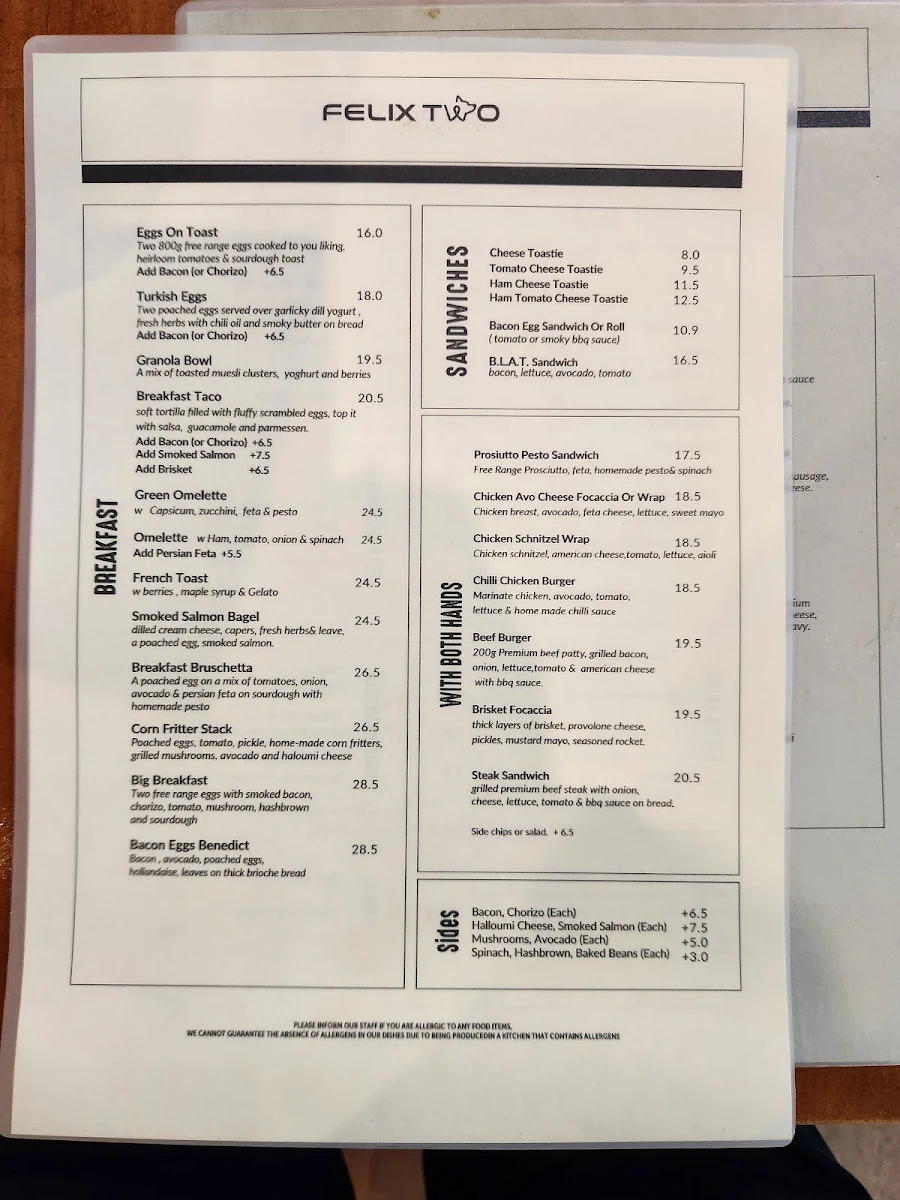 Menu, Felix Two