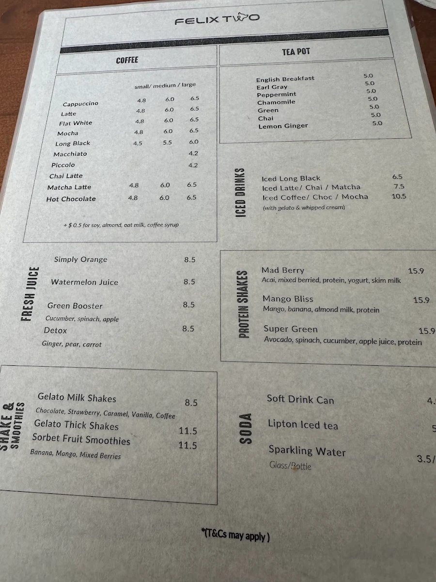 Menu, Felix Two