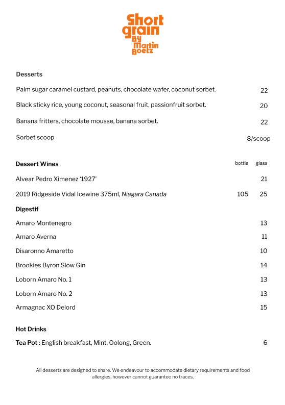 Menu, Short Grain