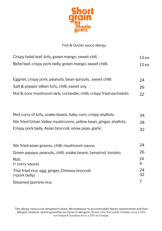 Menu, Short Grain