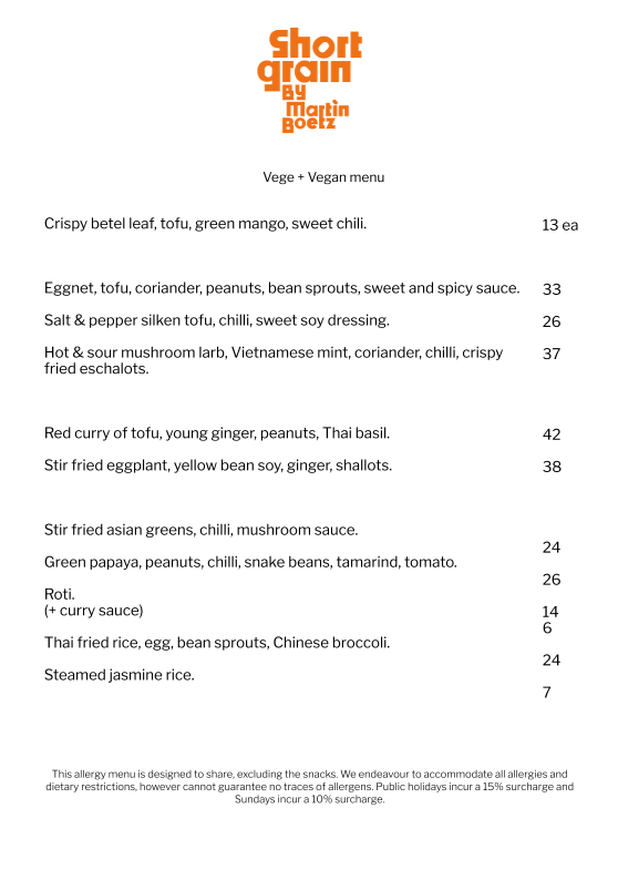 Menu, Short Grain