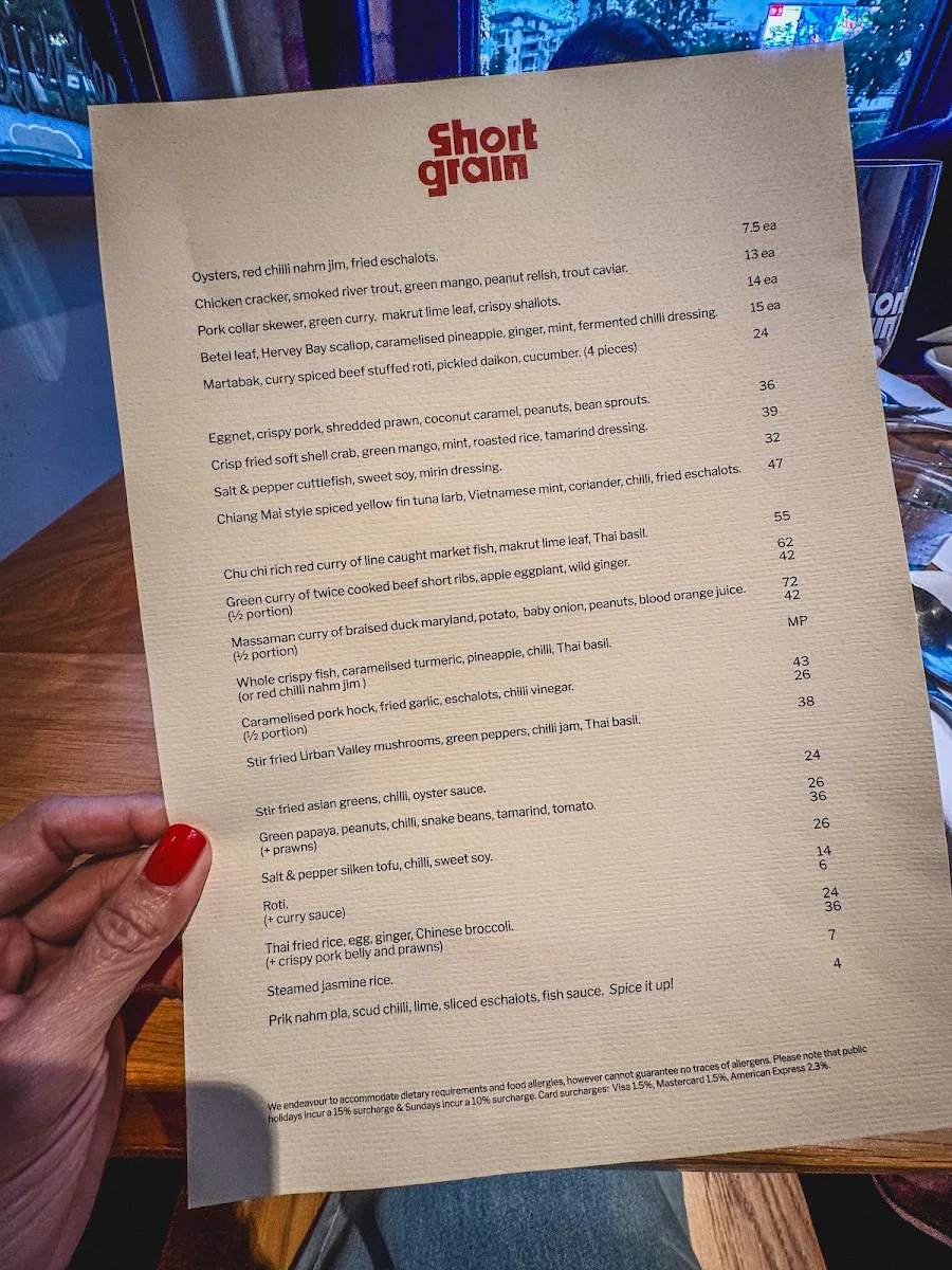 Menu, Short Grain