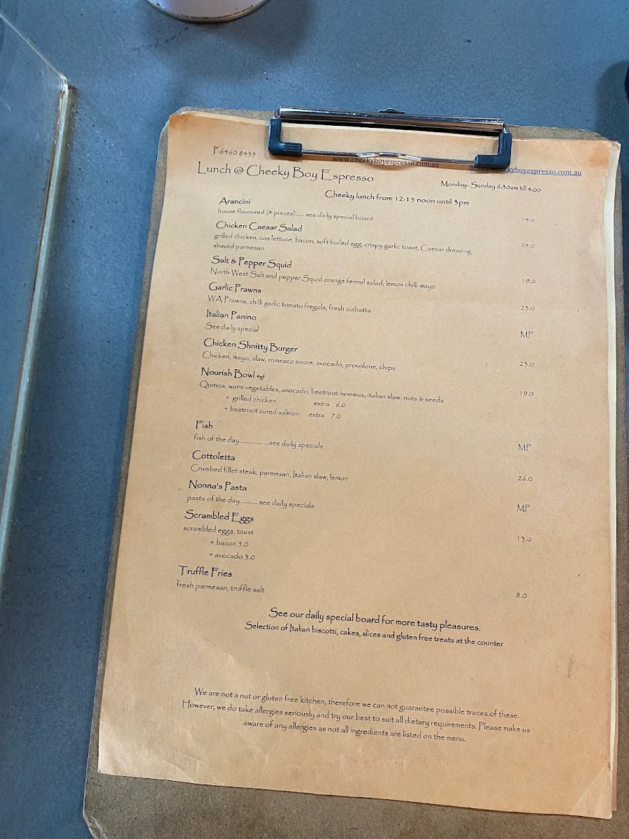 Menu, Cheeky Boy Espresso
