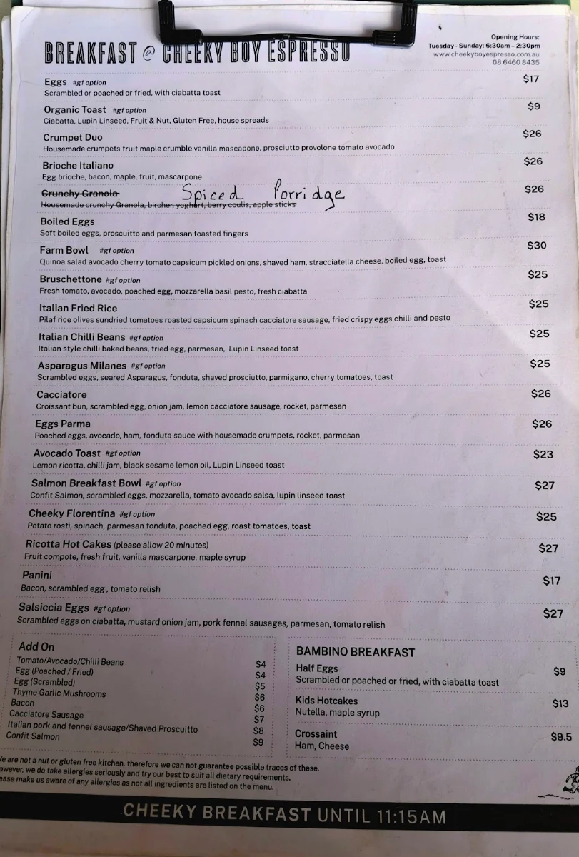 Menu, Cheeky Boy Espresso