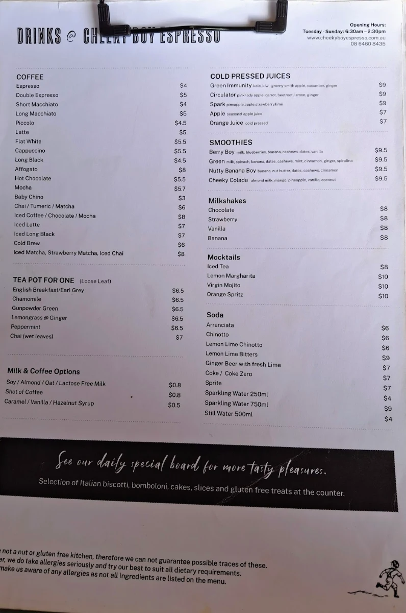Menu, Cheeky Boy Espresso