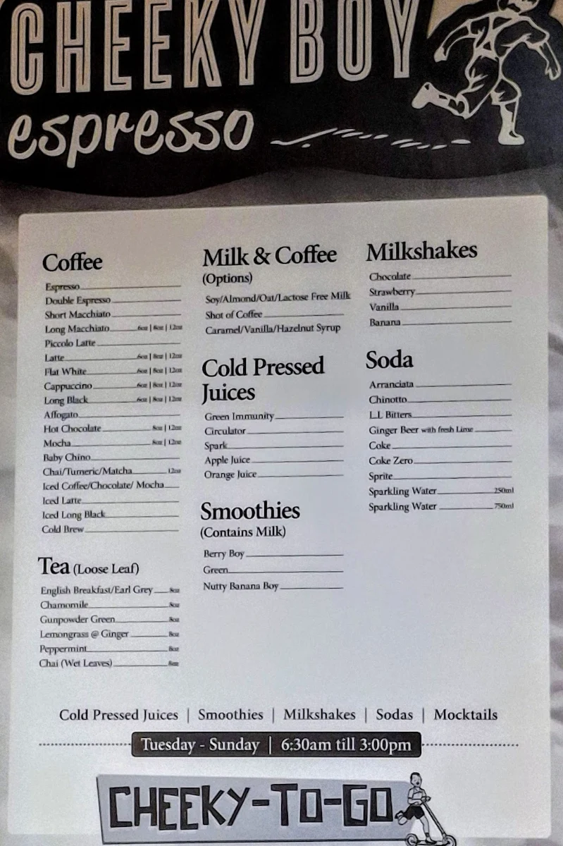 Menu, Cheeky Boy Espresso