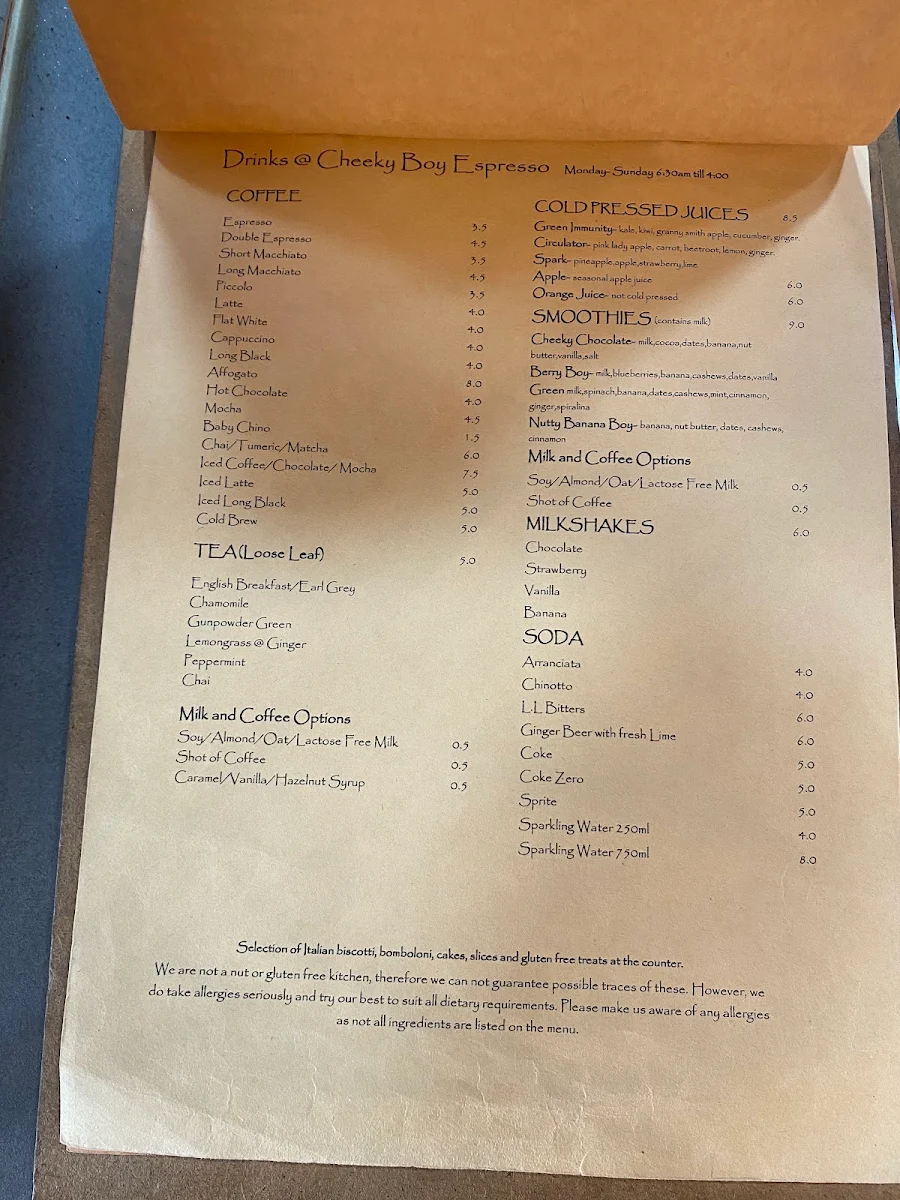 Menu, Cheeky Boy Espresso