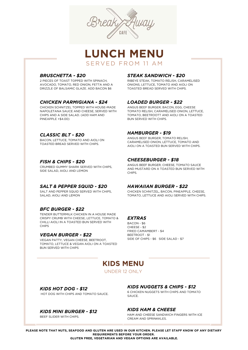 Menu, Break Away Cafe