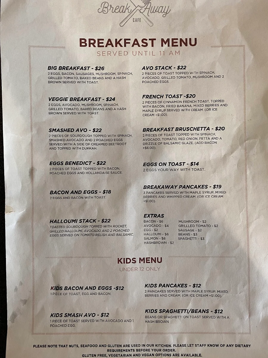 Menu, Break Away Cafe