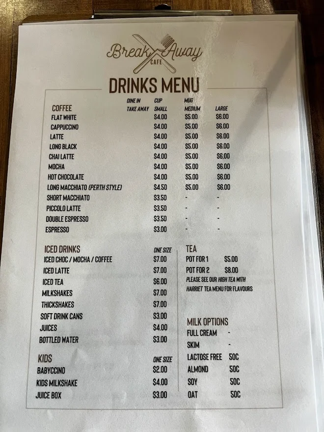 Menu, Break Away Cafe