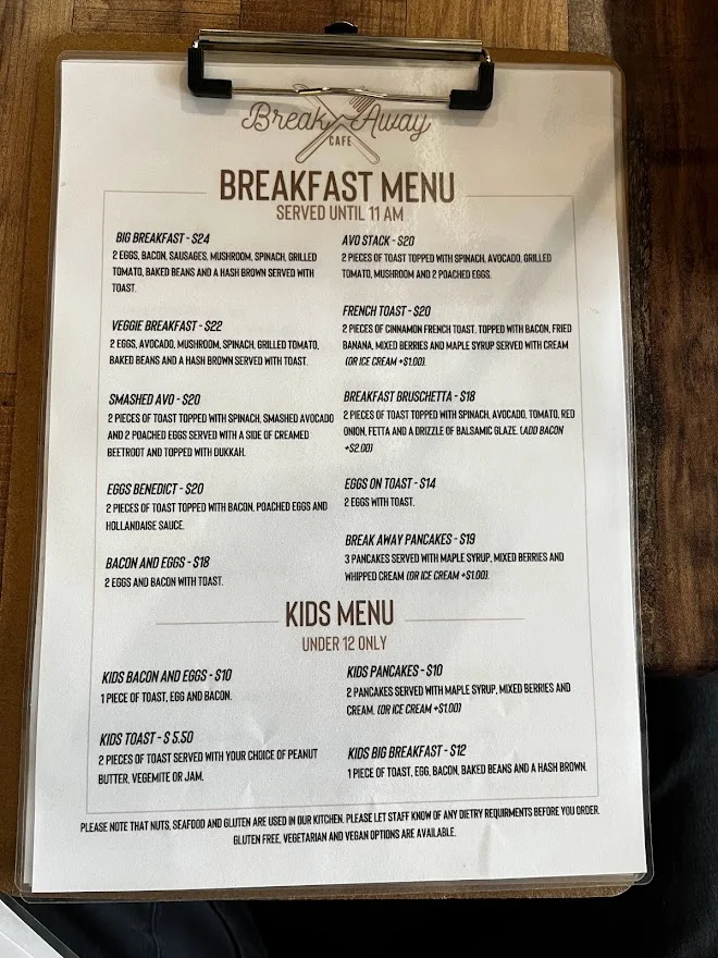 Menu, Break Away Cafe
