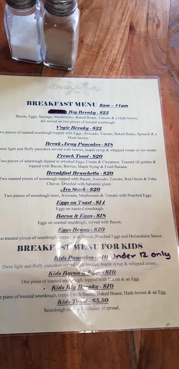 Menu, Break Away Cafe
