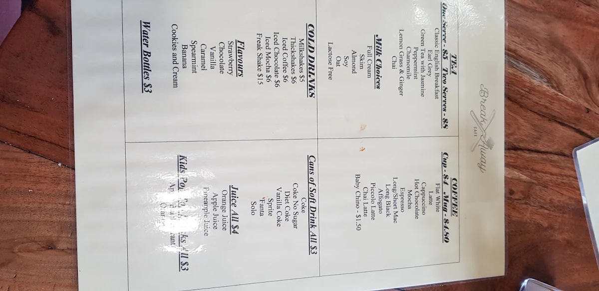 Menu, Break Away Cafe