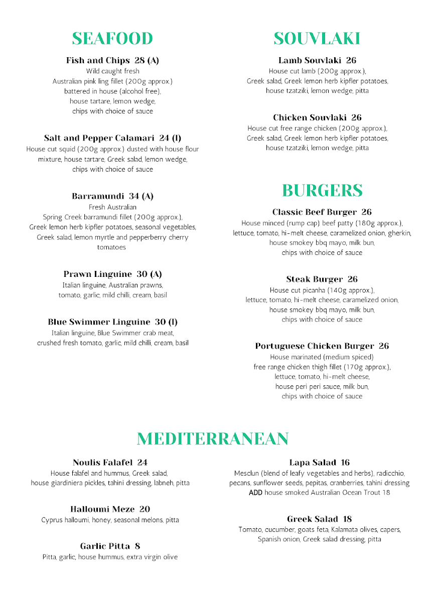 Menu, Nouli's Cafe