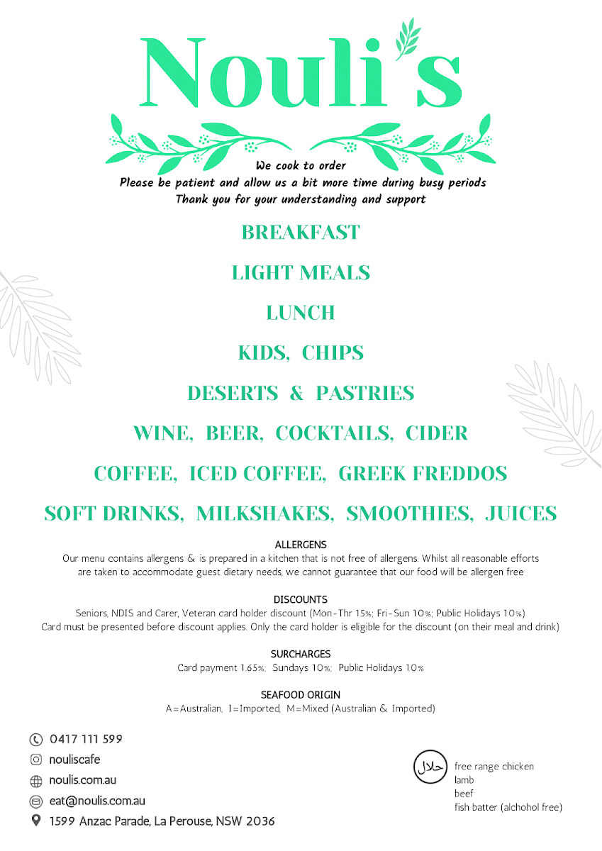 Menu, Nouli's Cafe
