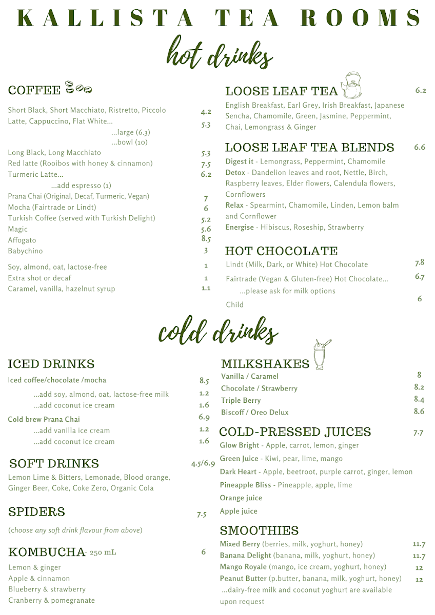 Menu, Kallista Tea Rooms