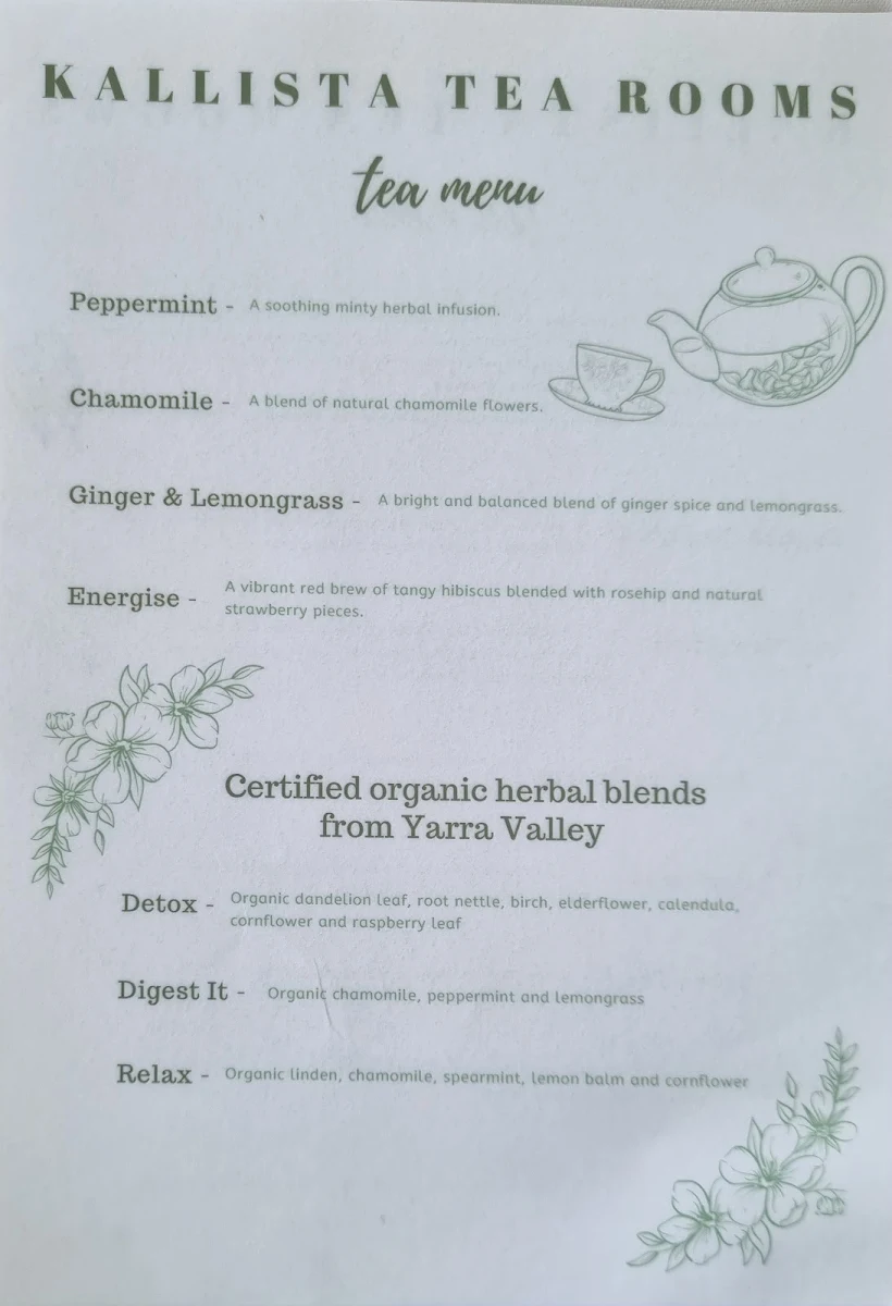 Menu, Kallista Tea Rooms