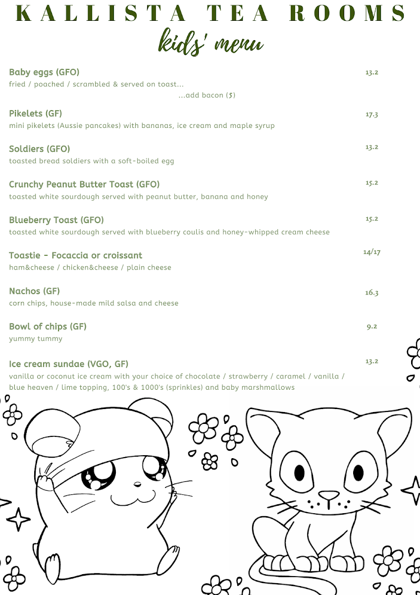 Menu, Kallista Tea Rooms