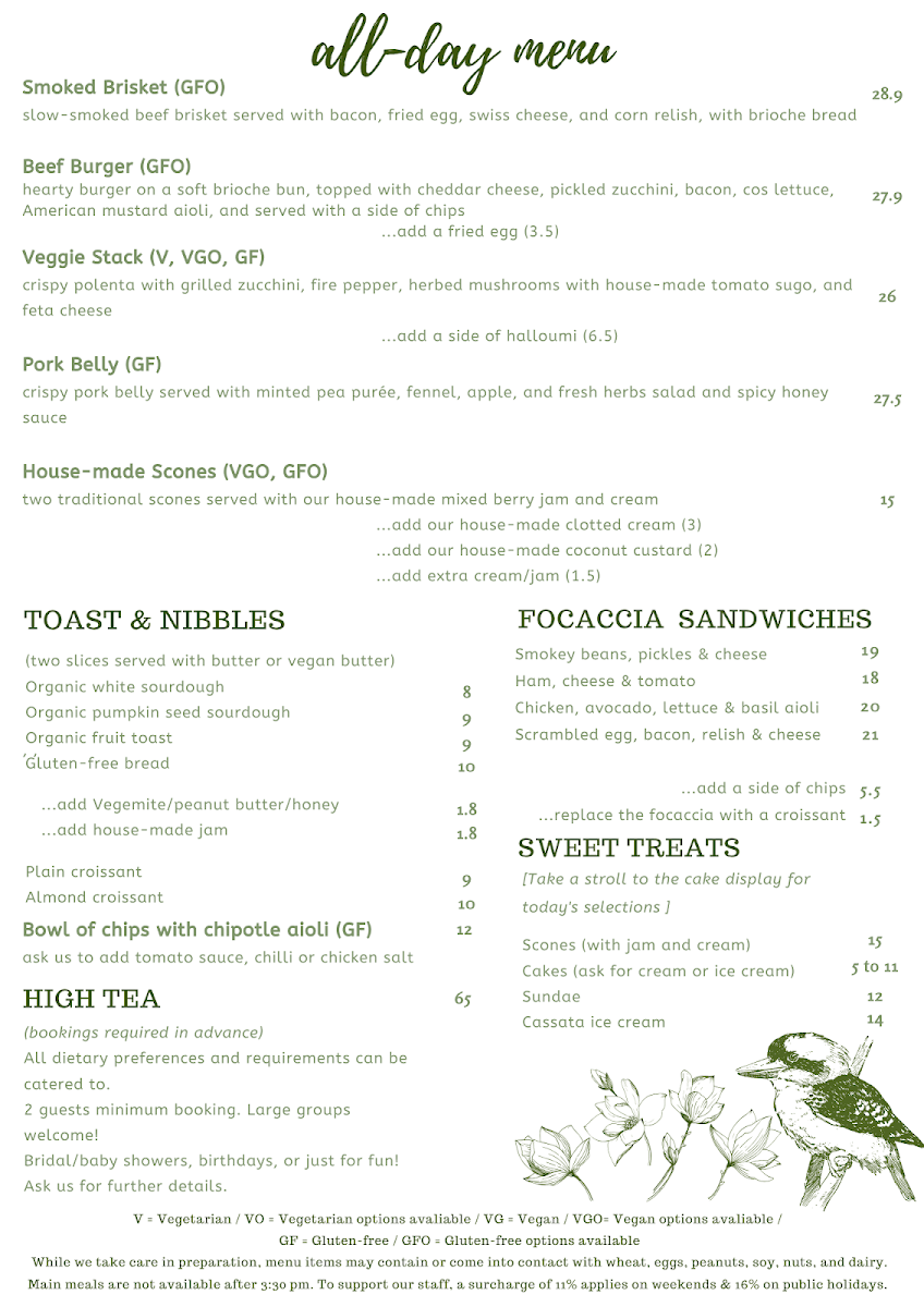 Menu, Kallista Tea Rooms