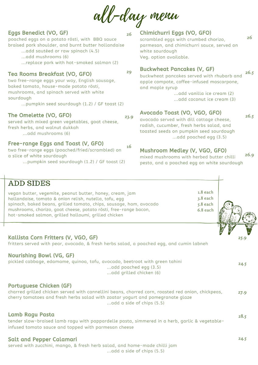 Menu, Kallista Tea Rooms