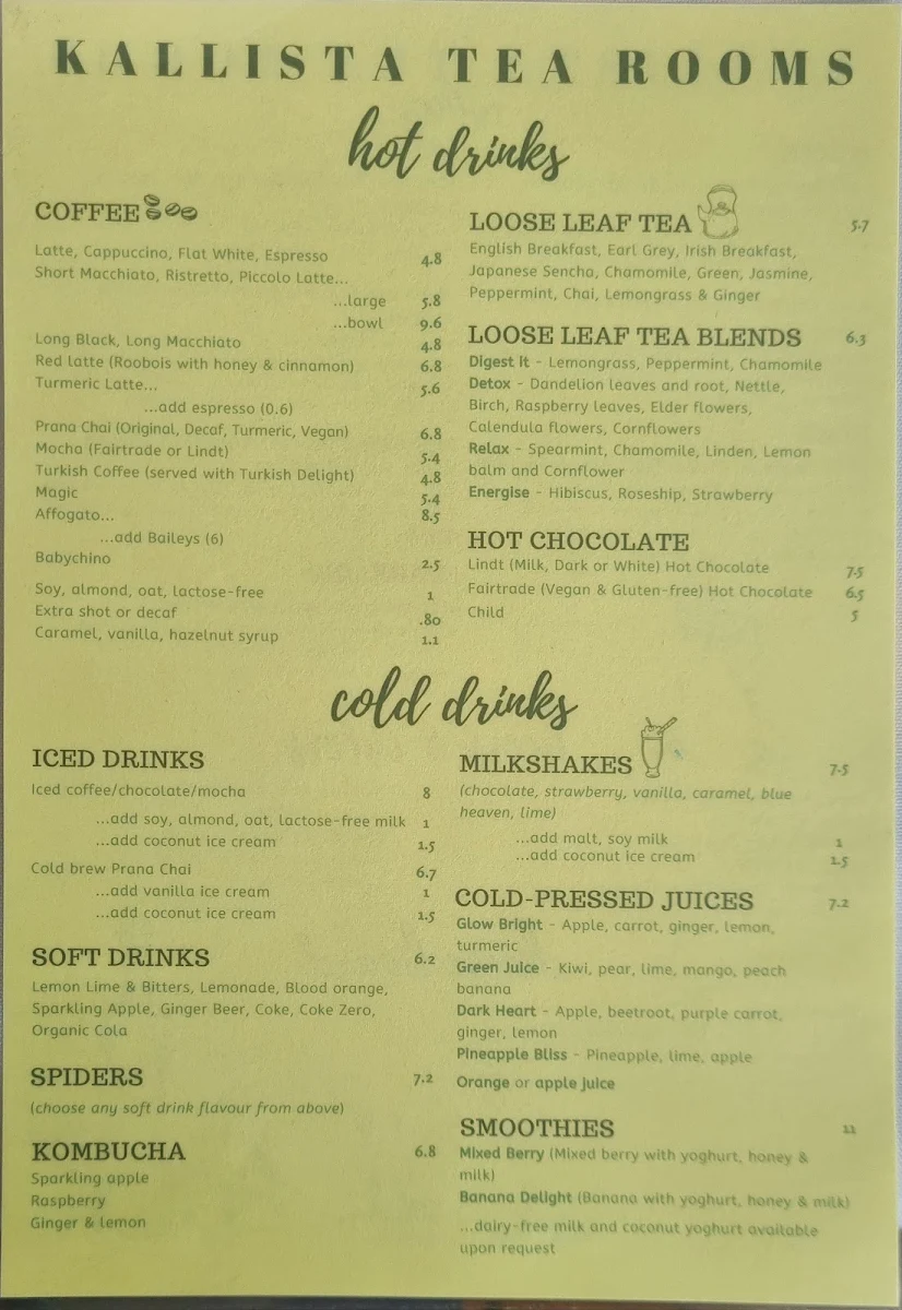Menu, Kallista Tea Rooms