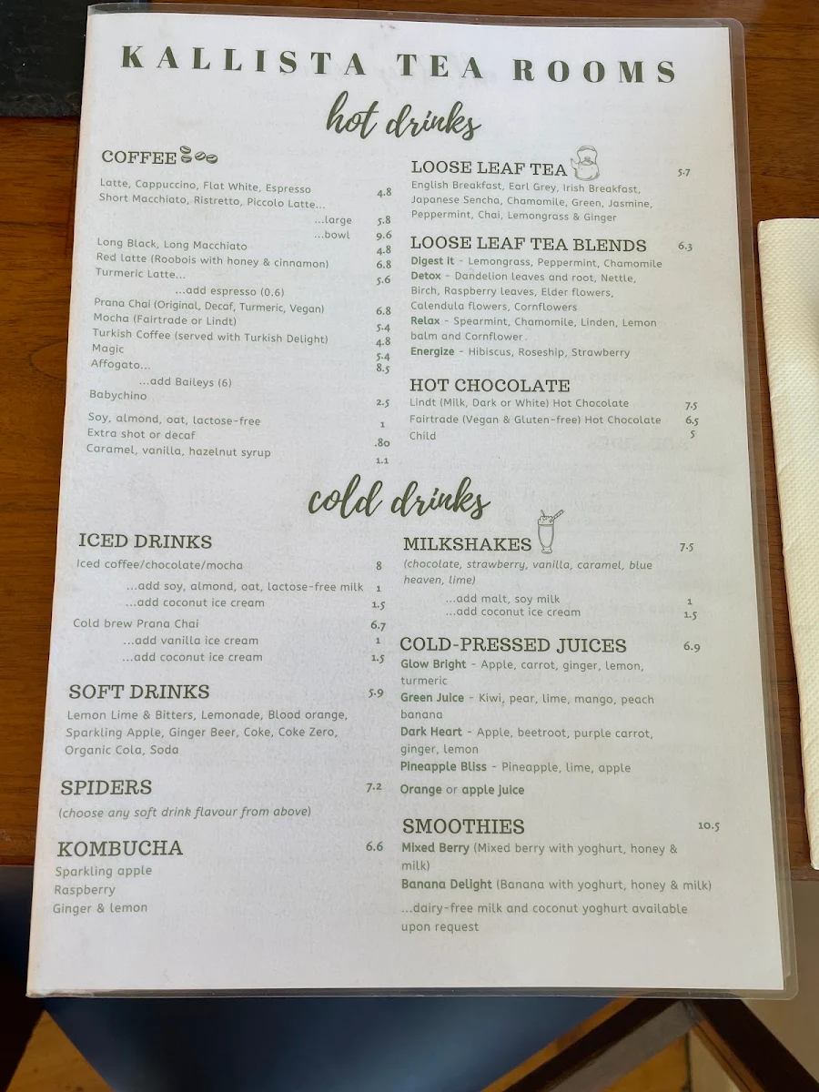 Menu, Kallista Tea Rooms