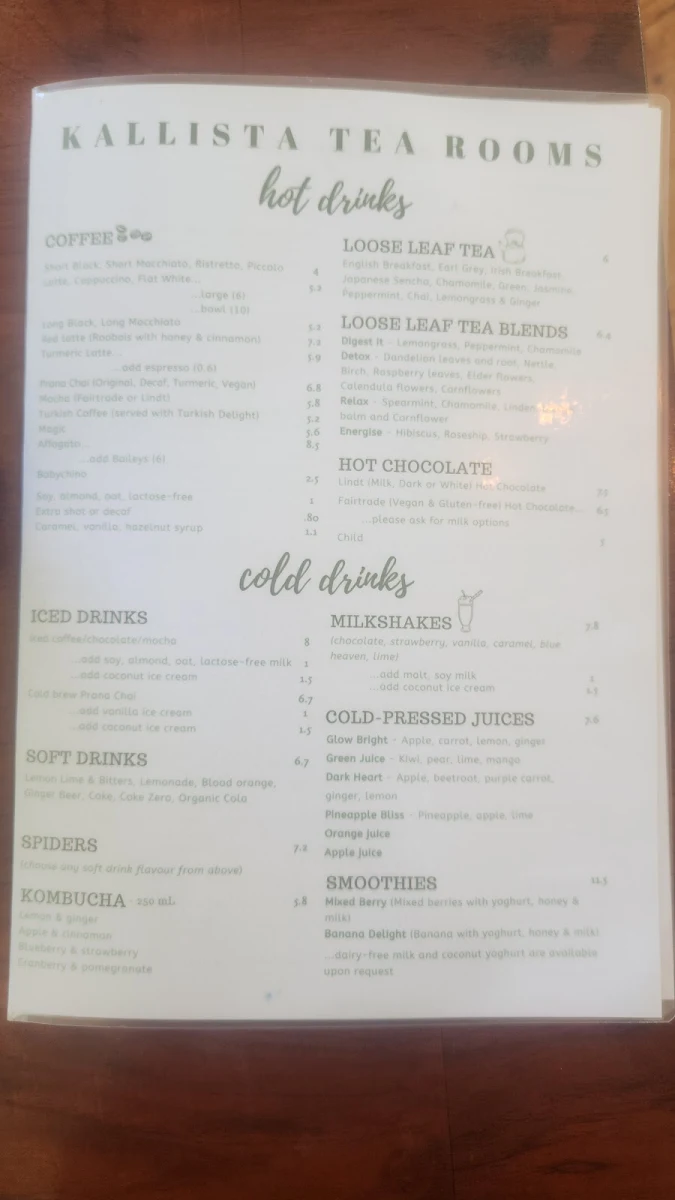 Menu, Kallista Tea Rooms