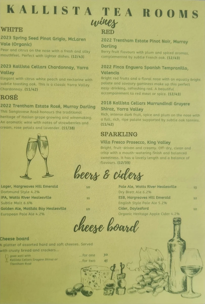 Menu, Kallista Tea Rooms