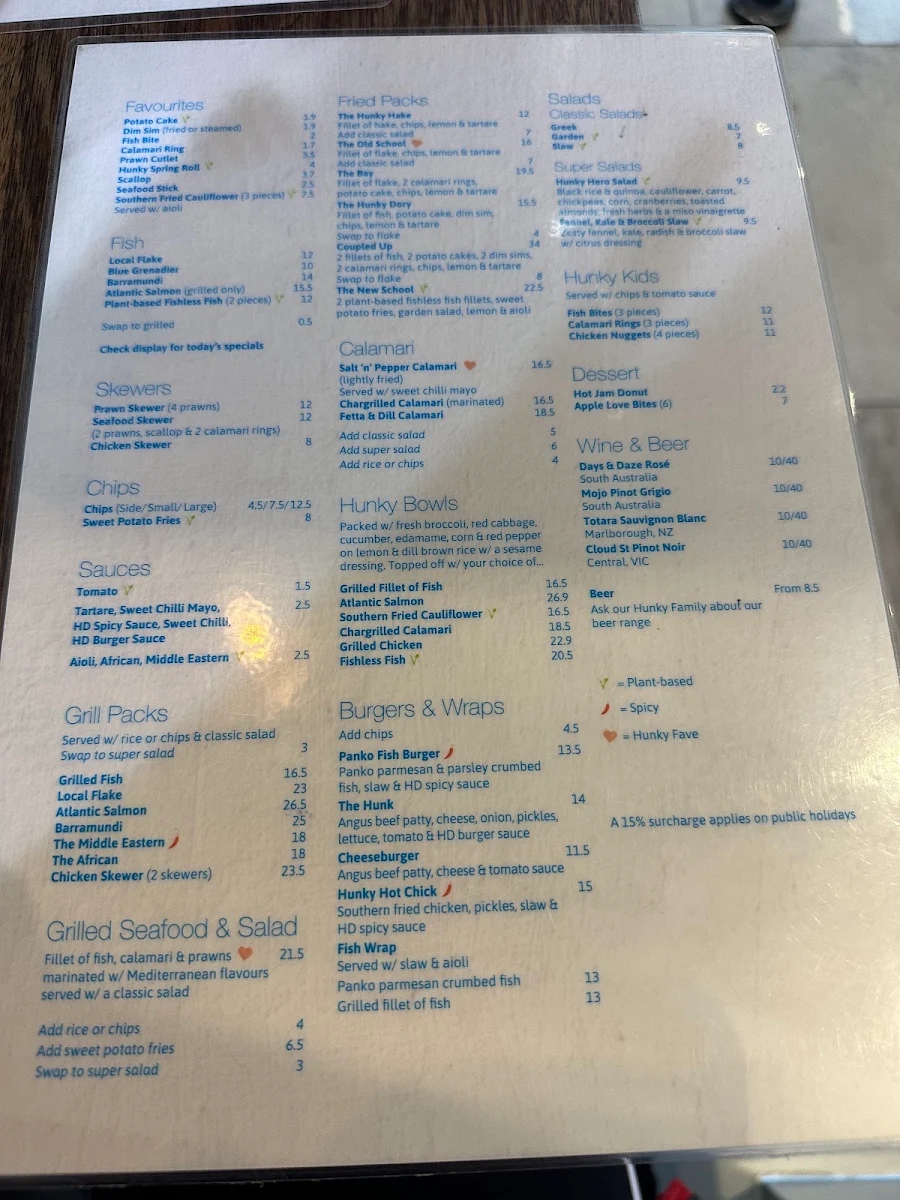 Menu, Hunky Dory Fish & Chips South Melbourne