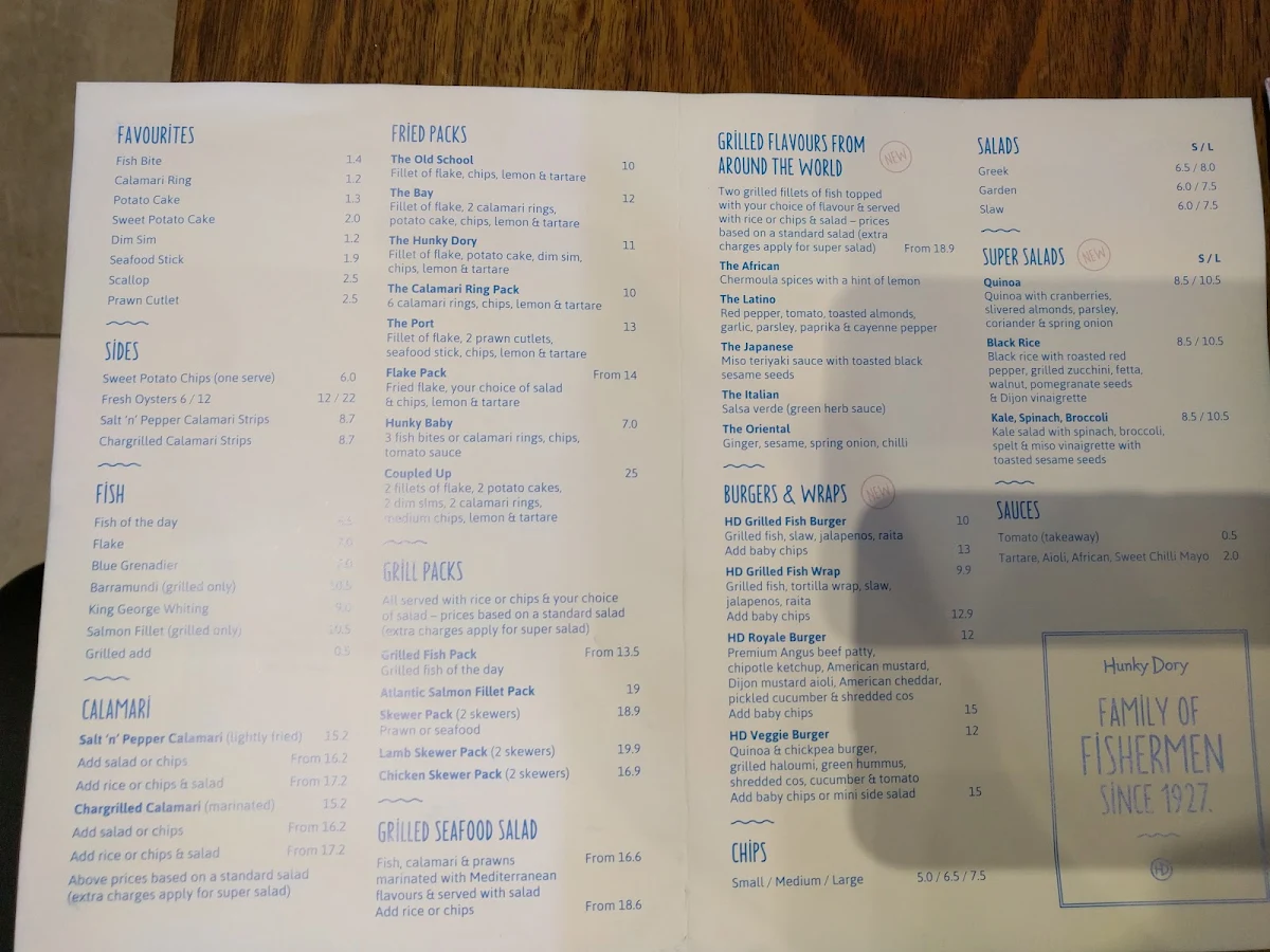 Menu, Hunky Dory Fish & Chips South Melbourne