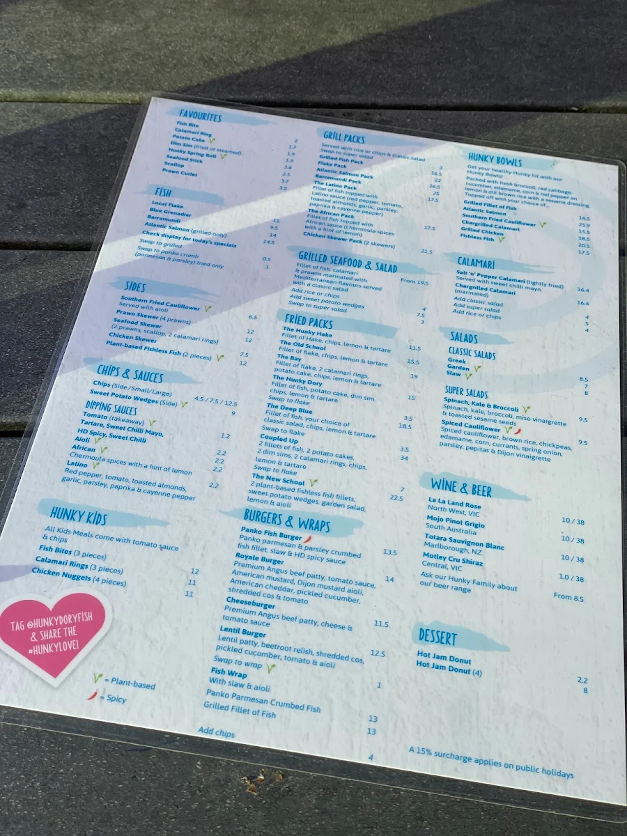 Menu, Hunky Dory Fish & Chips South Melbourne