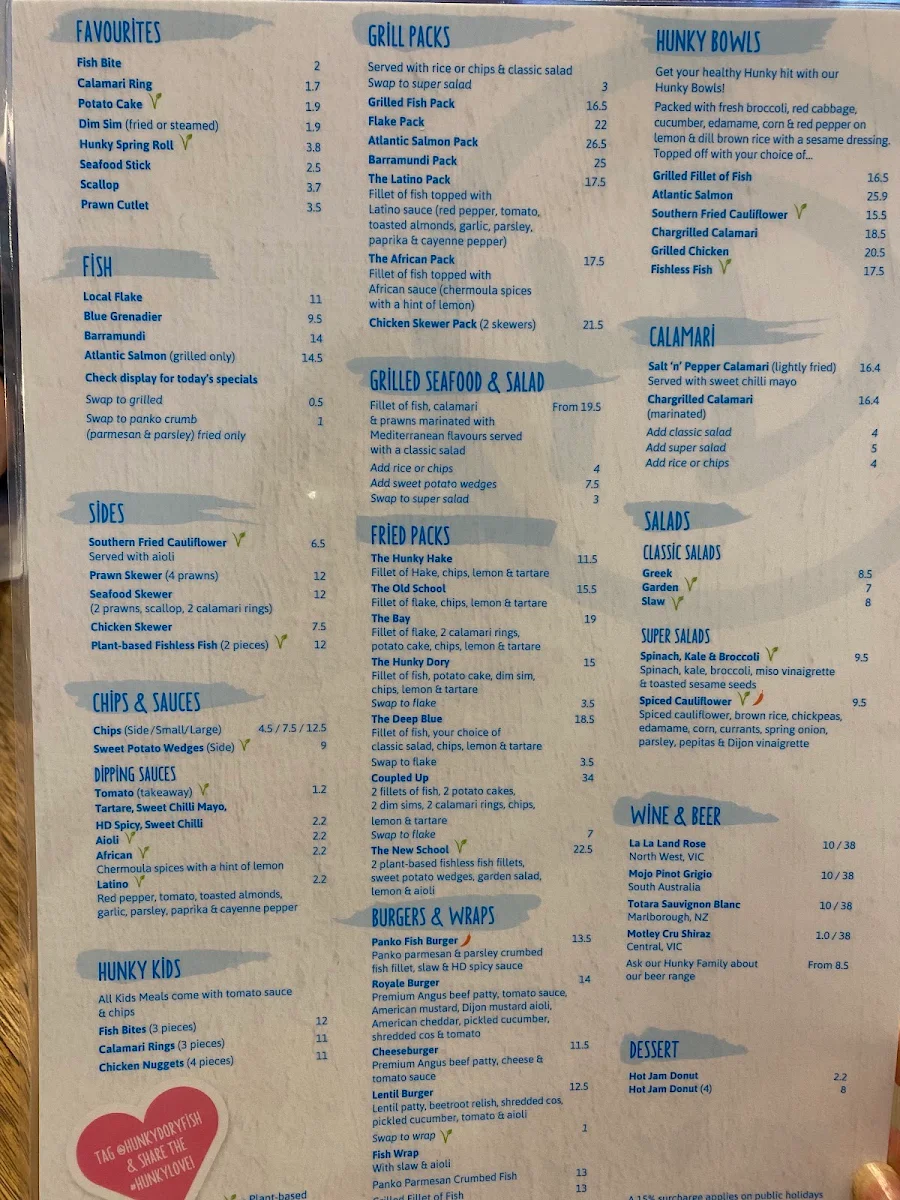 Menu, Hunky Dory Fish & Chips South Melbourne