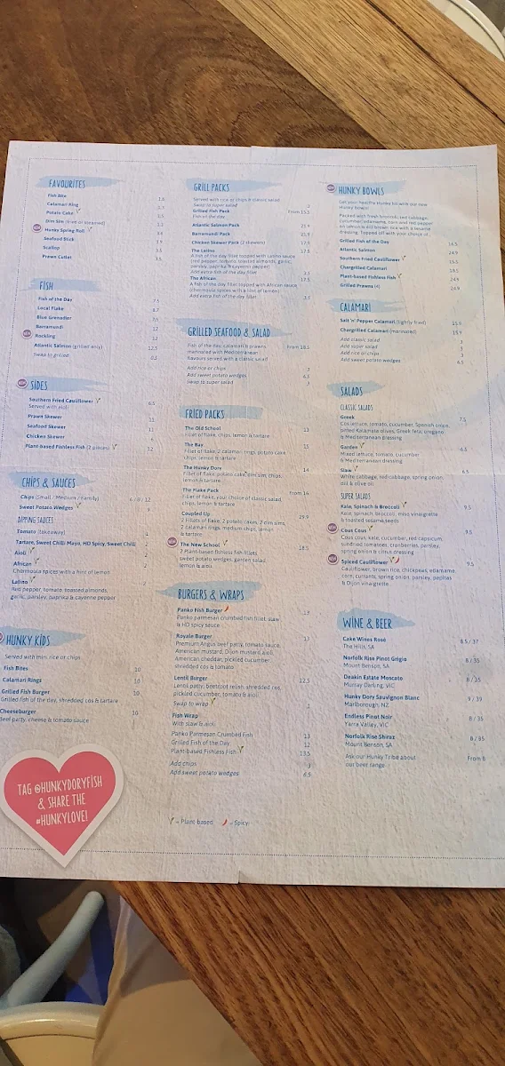 Menu, Hunky Dory Fish & Chips South Melbourne