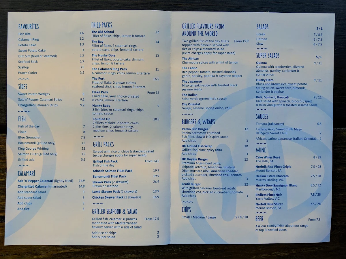 Menu, Hunky Dory Fish & Chips South Melbourne